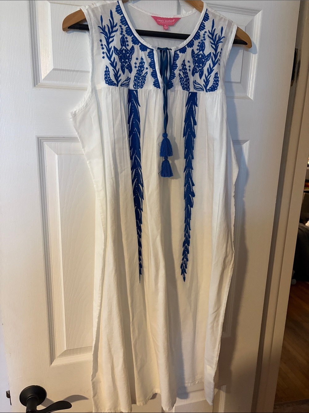 Simply Southern Sleeveless White Dress with Blue Embroidery - Classic Boho Style